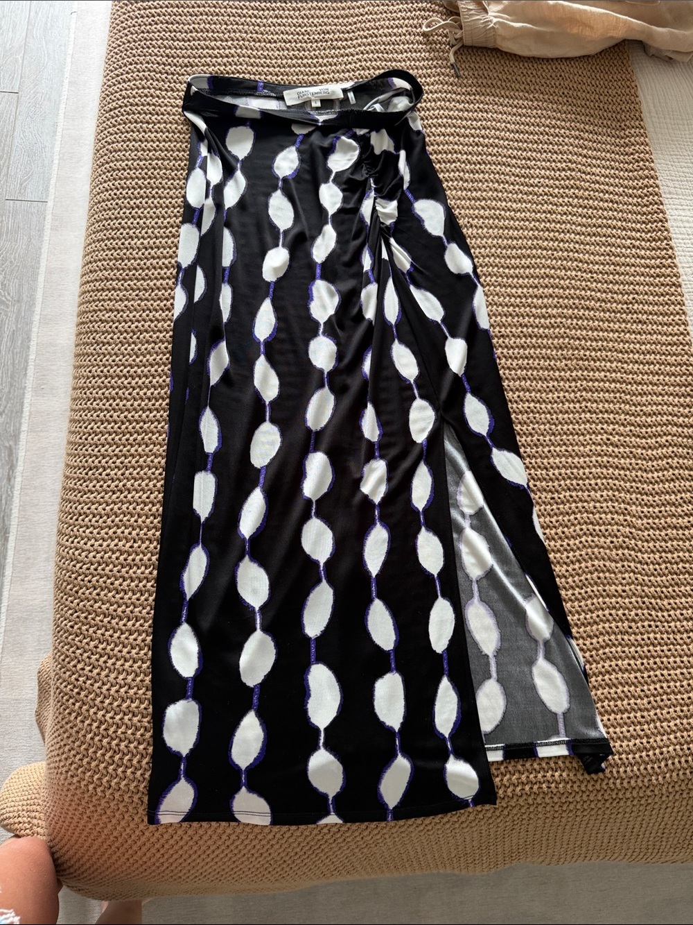 Diane Von Furstenberg Black Maxi Skirt with White & Purple Link Print